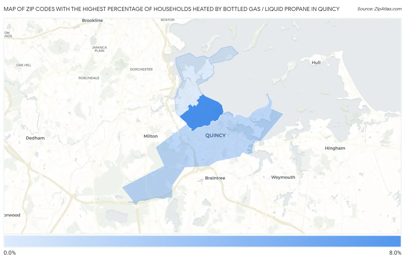 Zip Codes with the Highest Percentage of Households Heated by Bottled Gas / Liquid Propane in Quincy Map