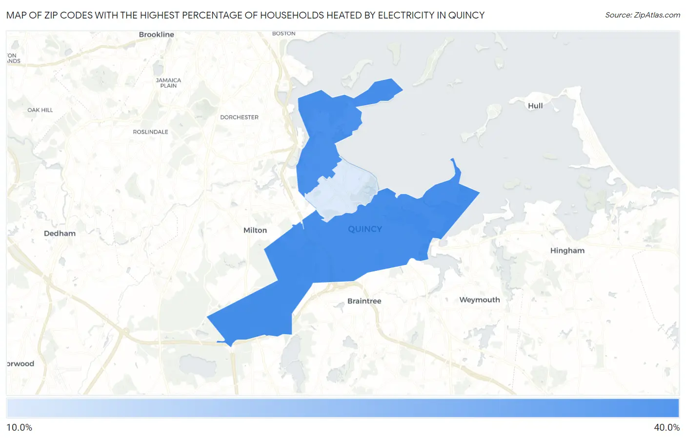 Zip Codes with the Highest Percentage of Households Heated by Electricity in Quincy Map