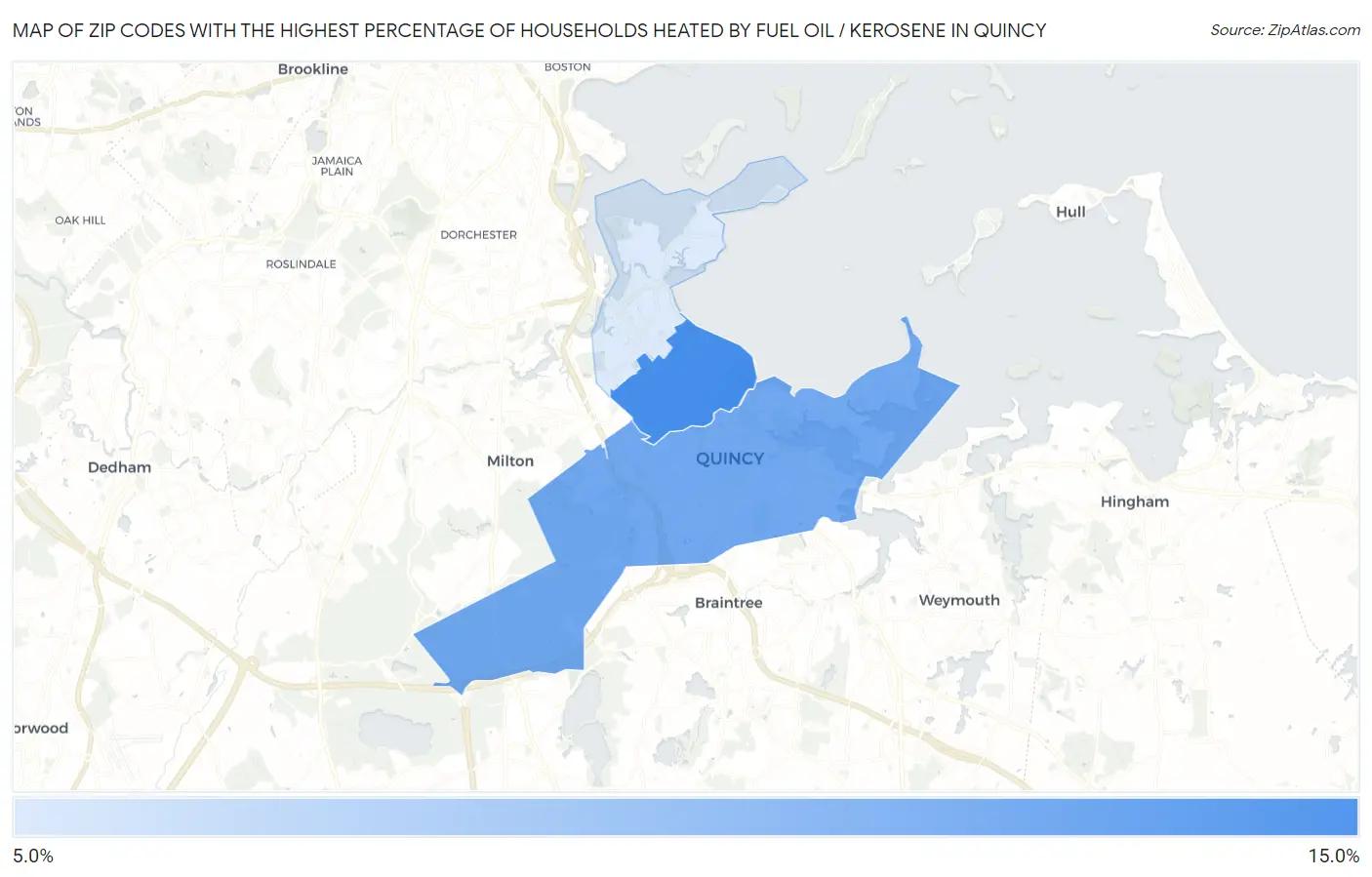 Zip Codes with the Highest Percentage of Households Heated by Fuel Oil / Kerosene in Quincy Map
