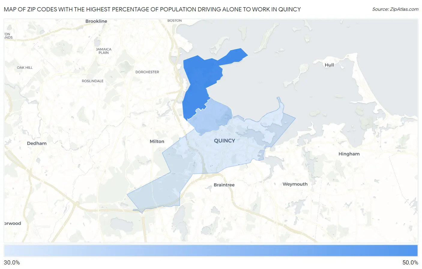 Zip Codes with the Highest Percentage of Population Driving Alone to Work in Quincy Map
