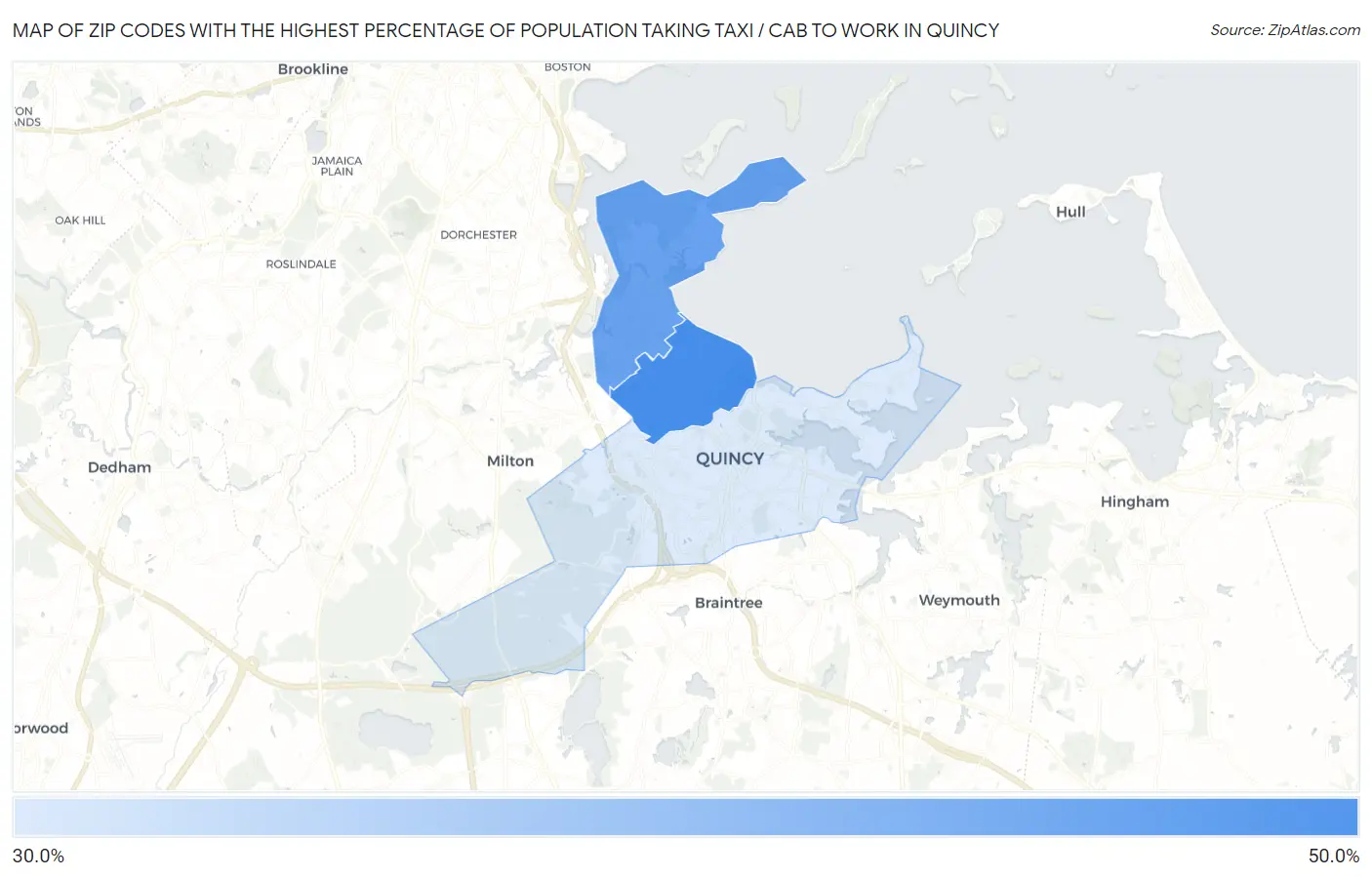 Zip Codes with the Highest Percentage of Population Taking Taxi / Cab to Work in Quincy Map