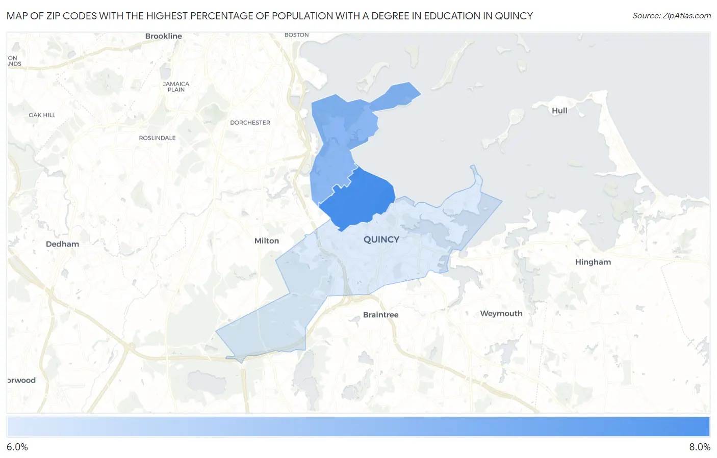 Zip Codes with the Highest Percentage of Population with a Degree in Education in Quincy Map