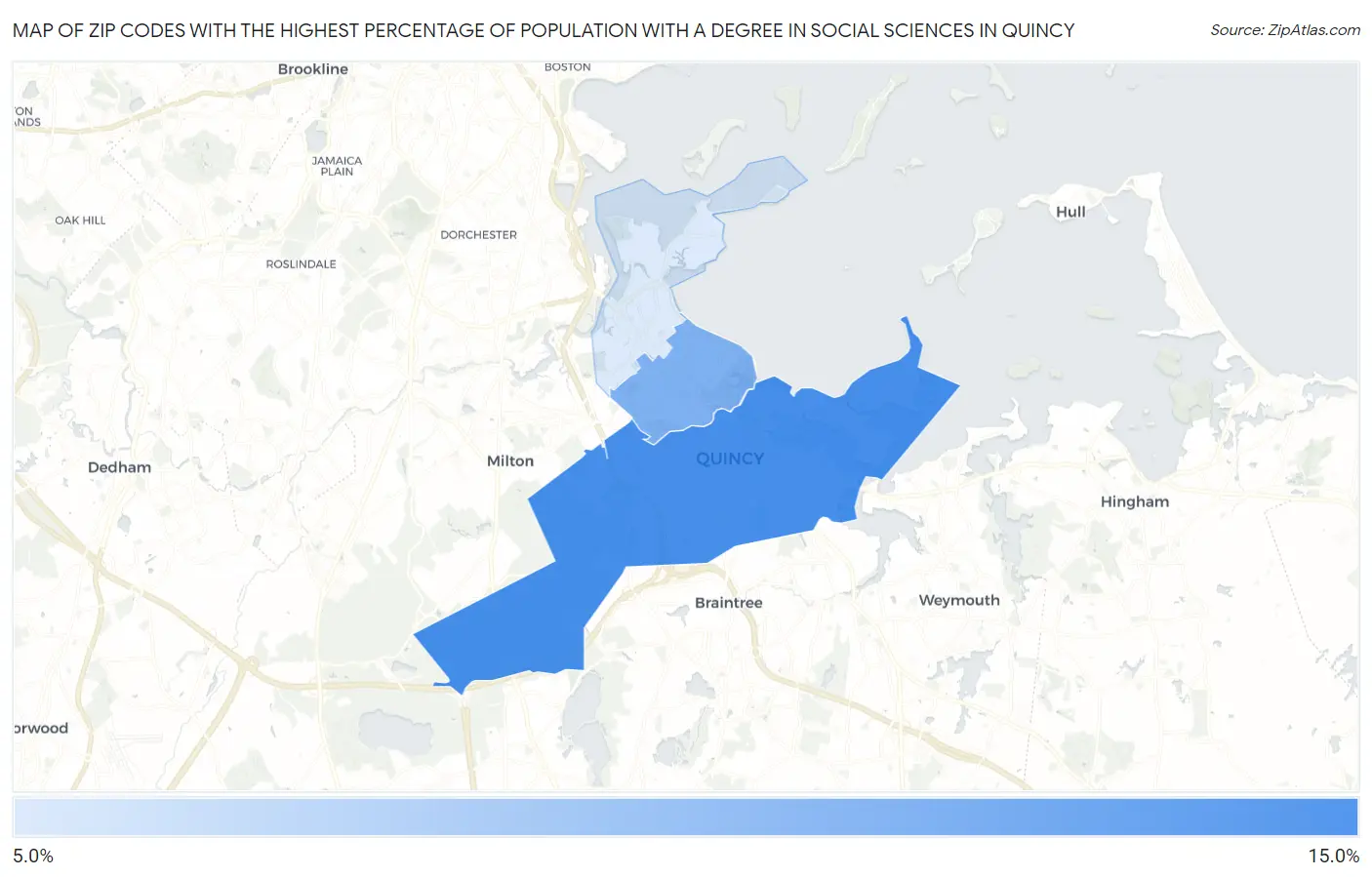 Zip Codes with the Highest Percentage of Population with a Degree in Social Sciences in Quincy Map