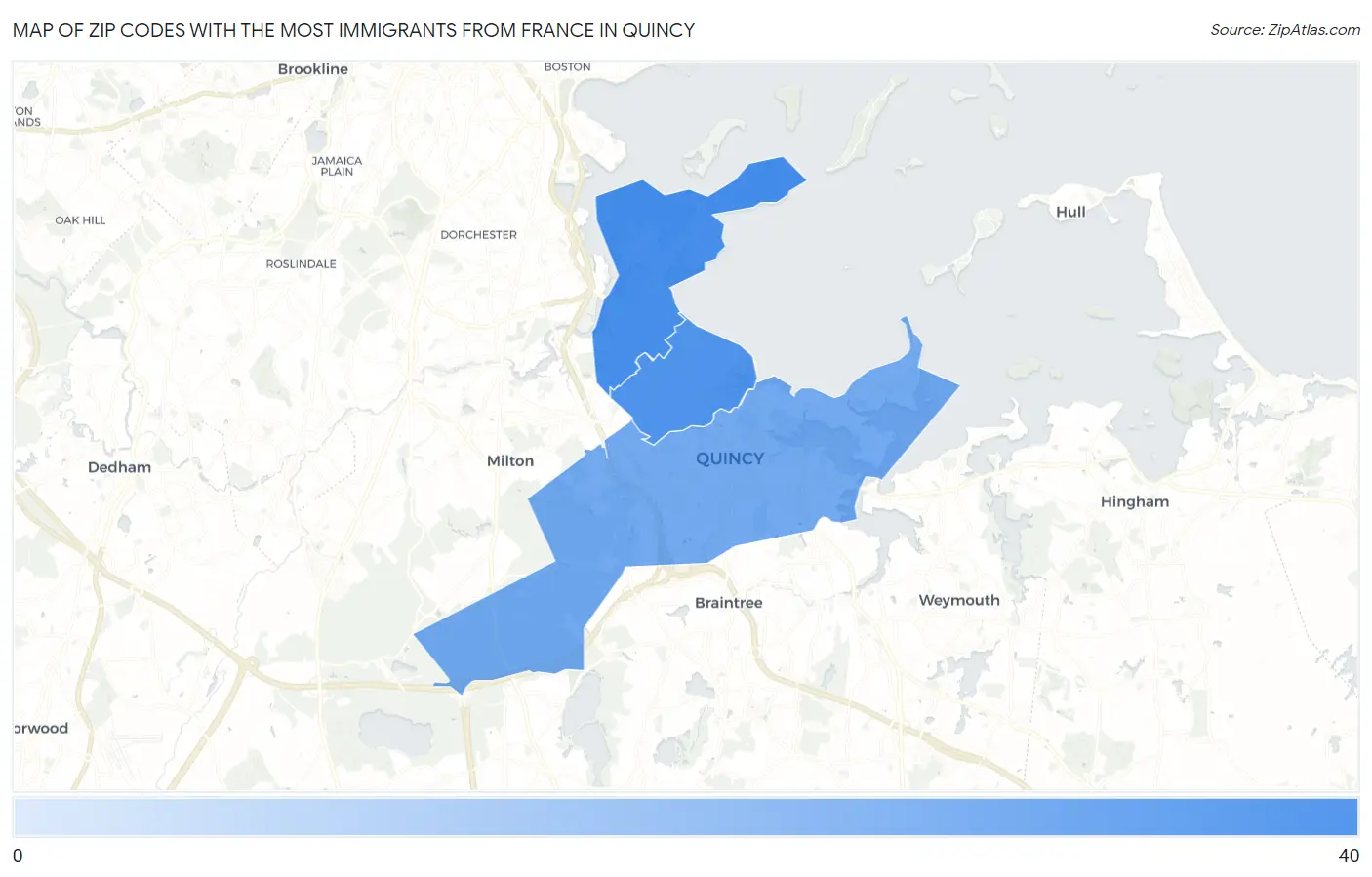 Zip Codes with the Most Immigrants from France in Quincy Map