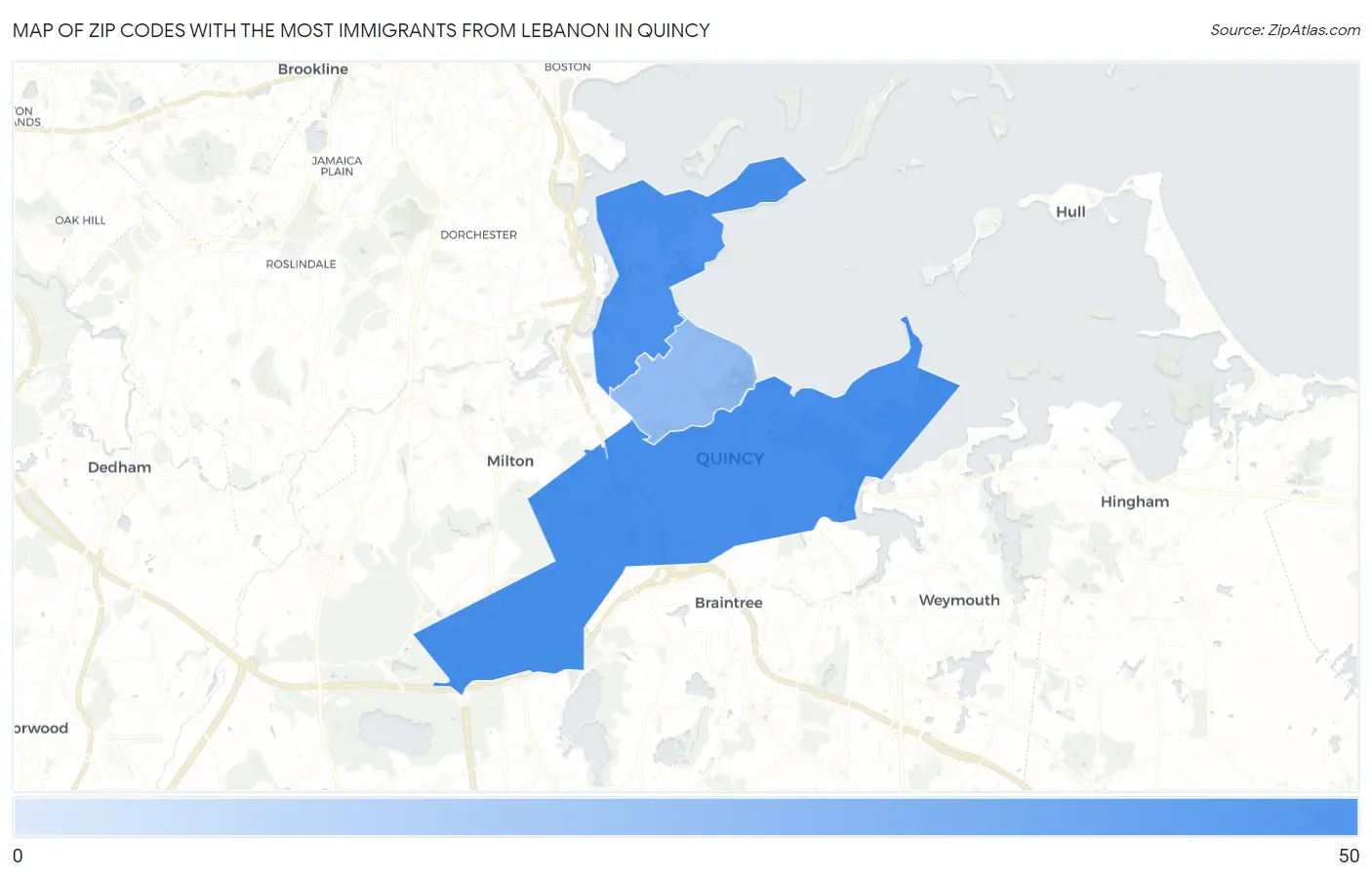 Zip Codes with the Most Immigrants from Lebanon in Quincy Map