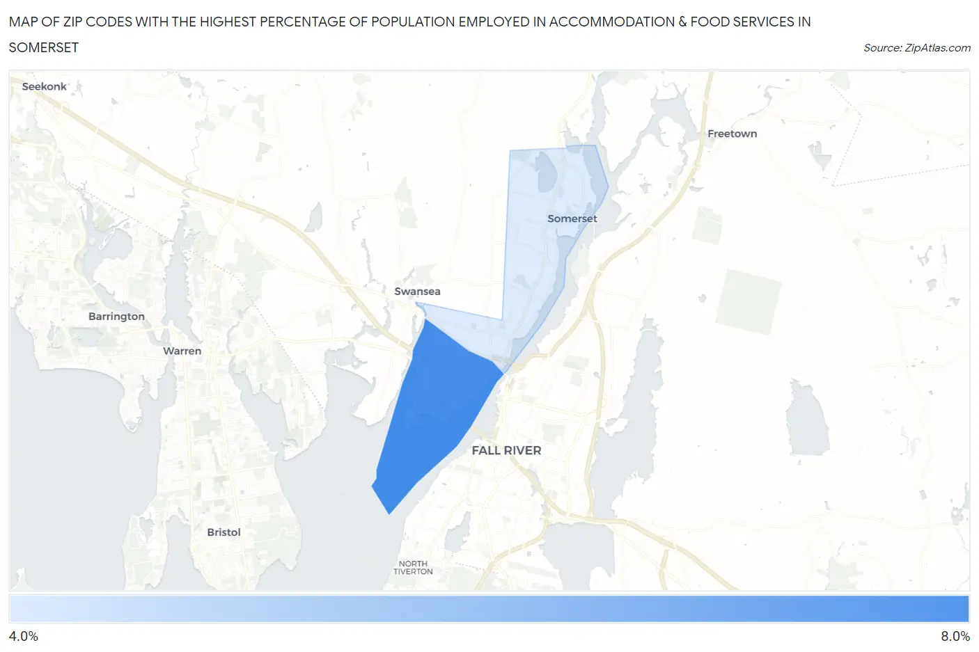 Zip Codes with the Highest Percentage of Population Employed in Accommodation & Food Services in Somerset Map
