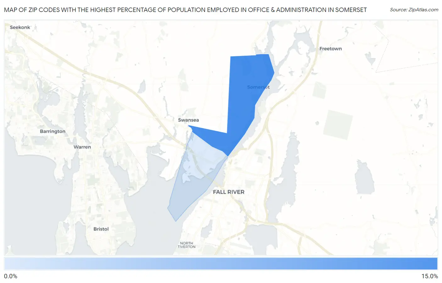 Zip Codes with the Highest Percentage of Population Employed in Office & Administration in Somerset Map