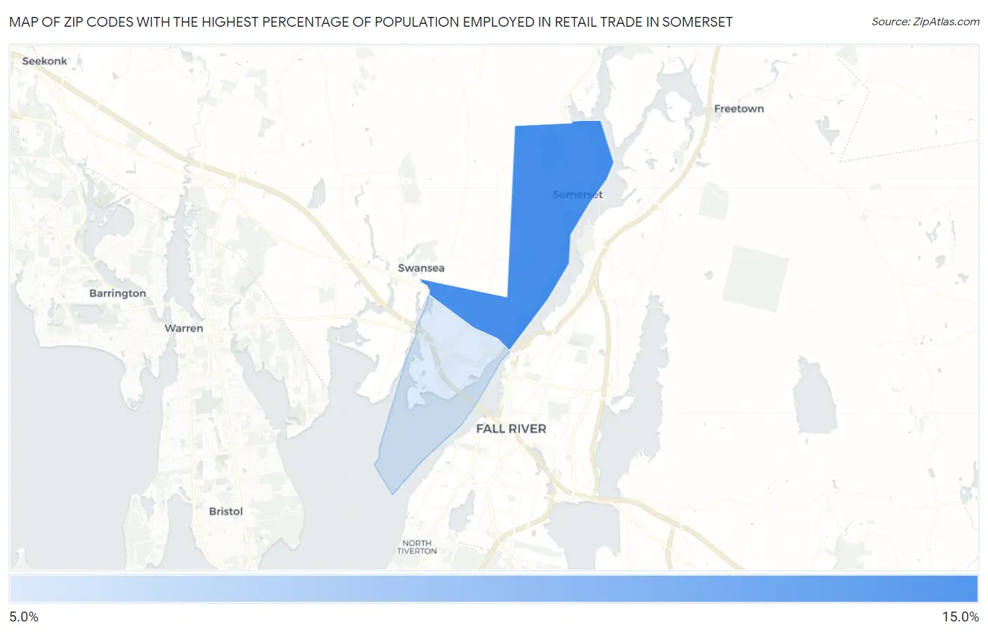 Zip Codes with the Highest Percentage of Population Employed in Retail Trade in Somerset Map