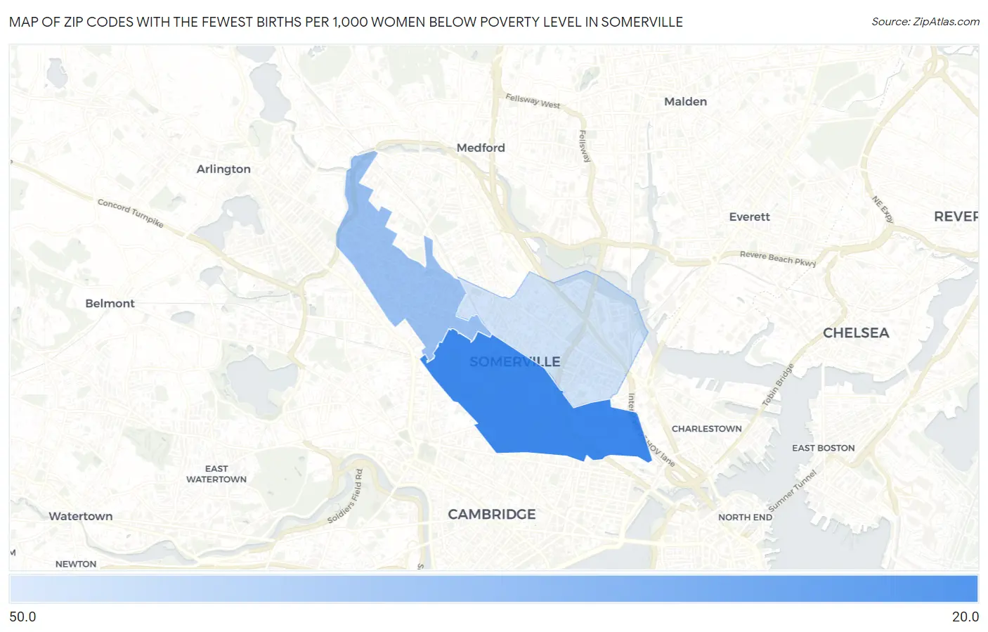 Zip Codes with the Fewest Births per 1,000 Women Below Poverty Level in Somerville Map
