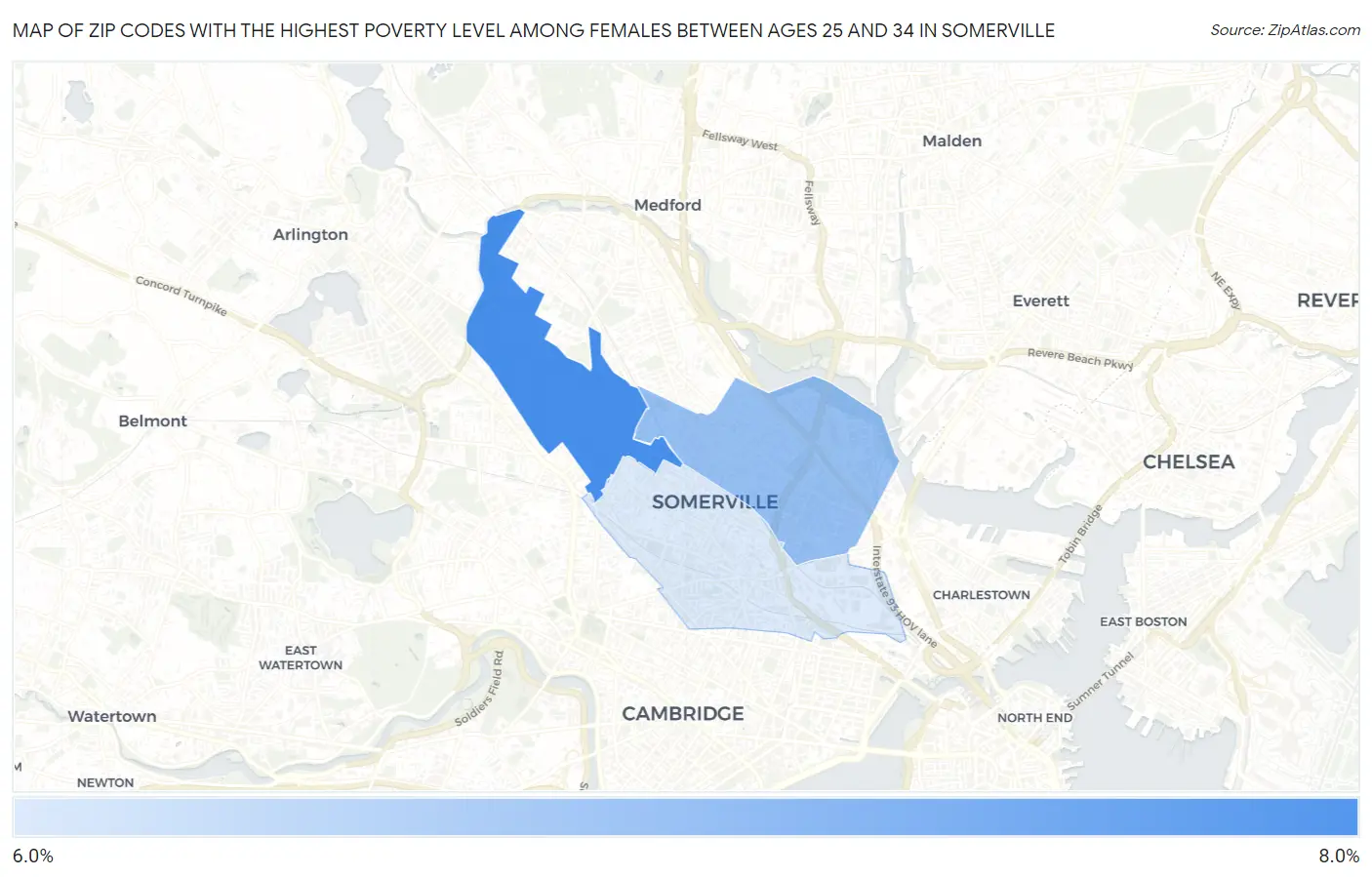 Zip Codes with the Highest Poverty Level Among Females Between Ages 25 and 34 in Somerville Map