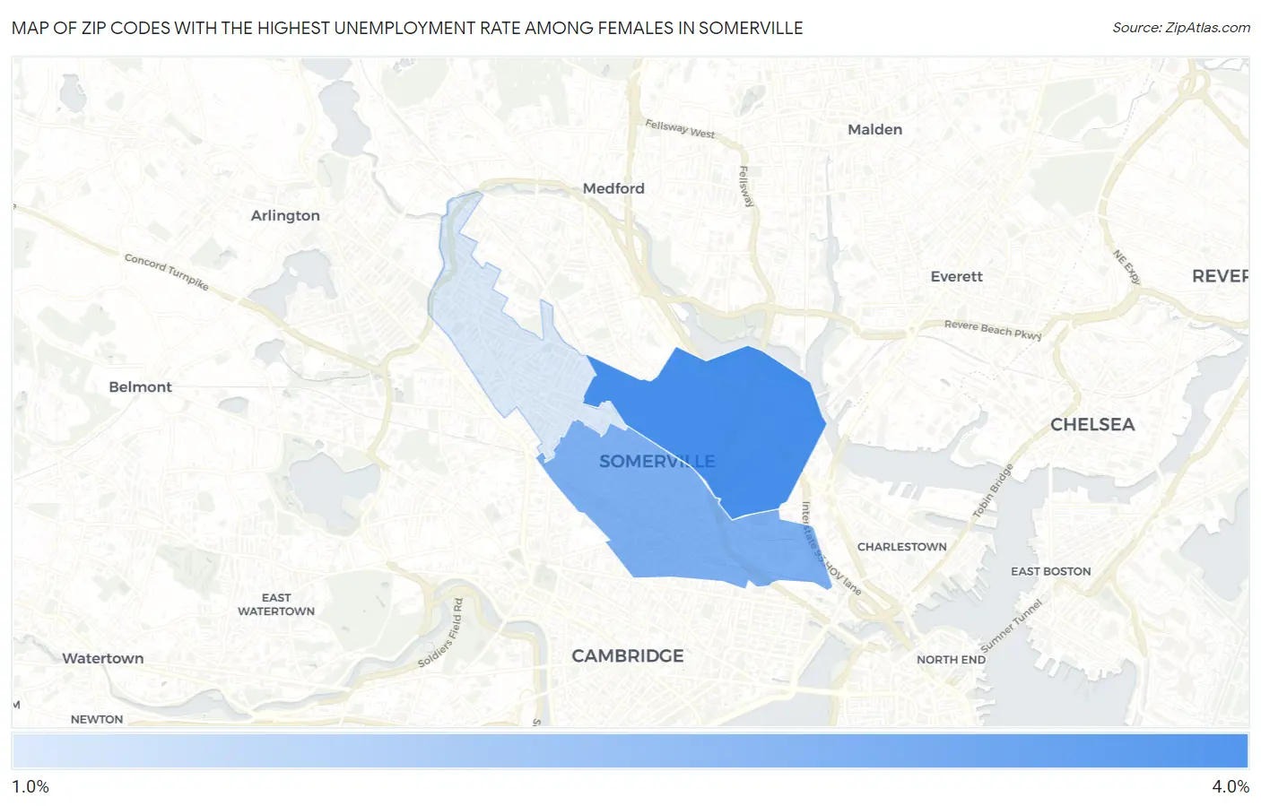 Zip Codes with the Highest Unemployment Rate Among Females in Somerville Map