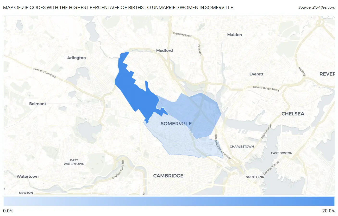 Zip Codes with the Highest Percentage of Births to Unmarried Women in Somerville Map
