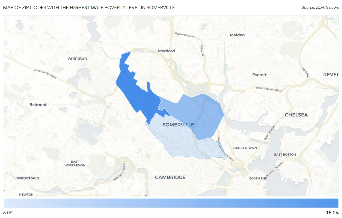 Zip Codes with the Highest Male Poverty Level in Somerville Map