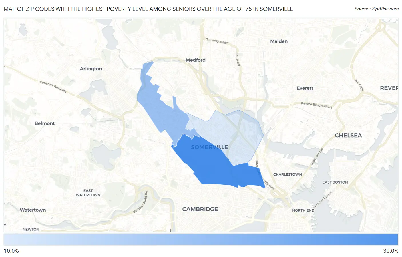 Zip Codes with the Highest Poverty Level Among Seniors Over the Age of 75 in Somerville Map