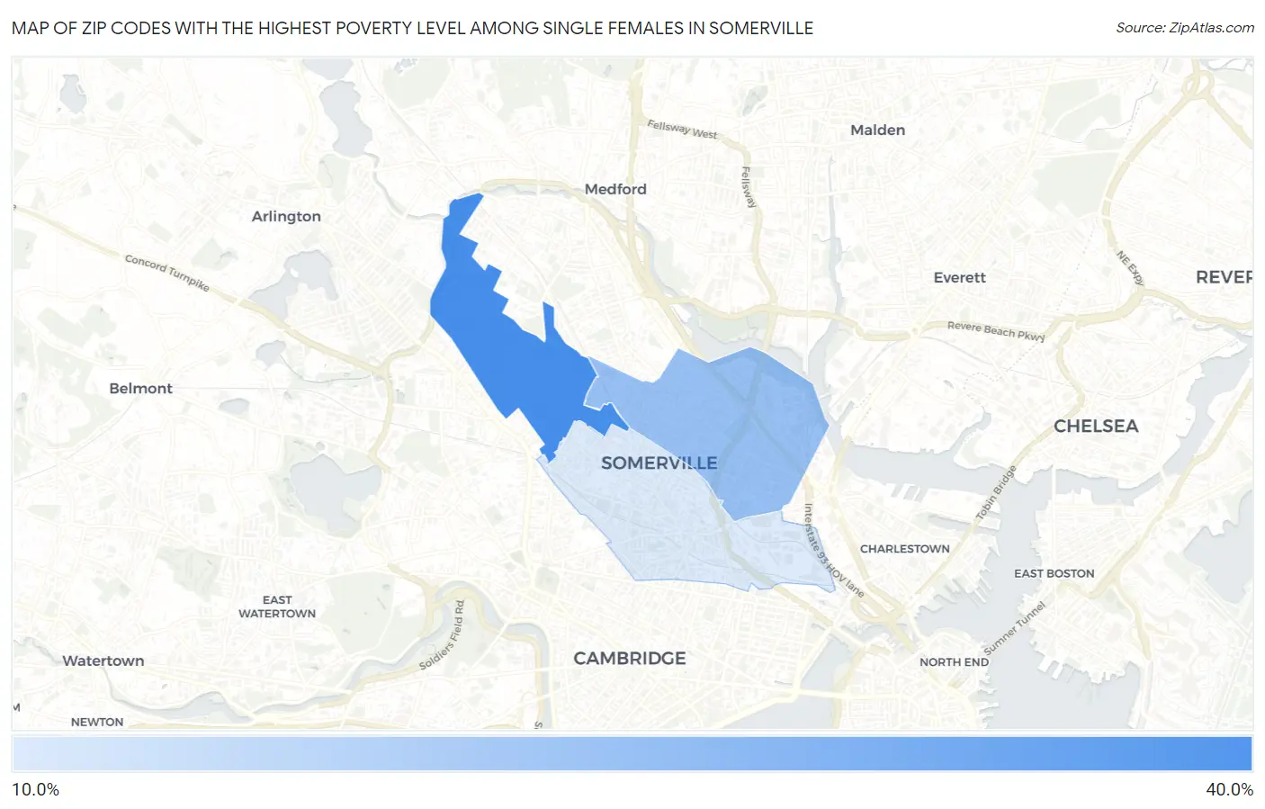 Zip Codes with the Highest Poverty Level Among Single Females in Somerville Map