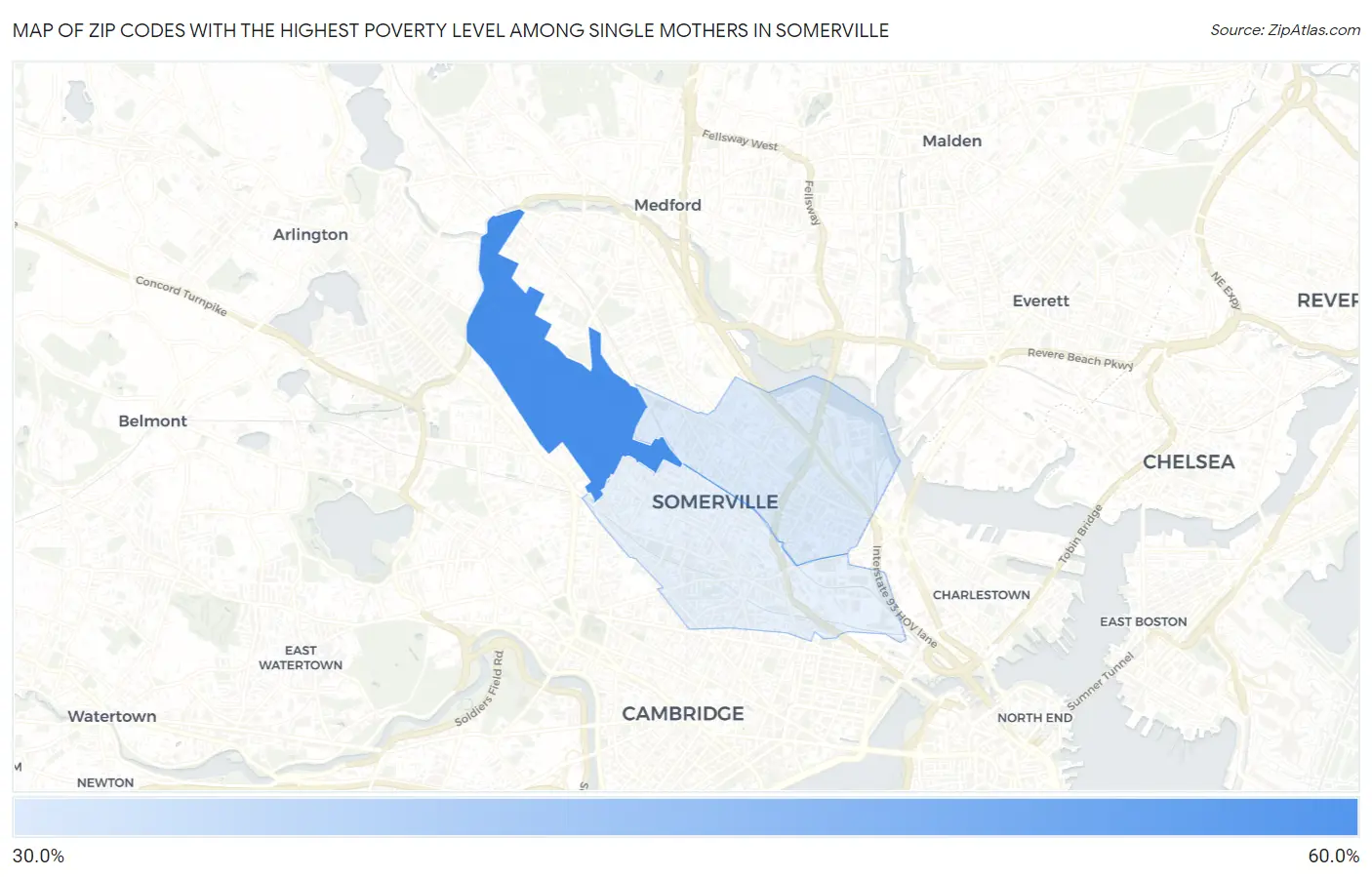 Zip Codes with the Highest Poverty Level Among Single Mothers in Somerville Map