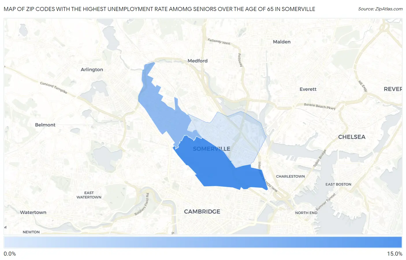 Zip Codes with the Highest Unemployment Rate Amomg Seniors Over the Age of 65 in Somerville Map
