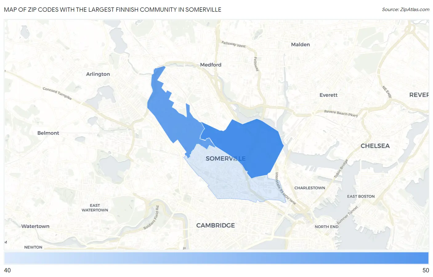 Zip Codes with the Largest Finnish Community in Somerville Map
