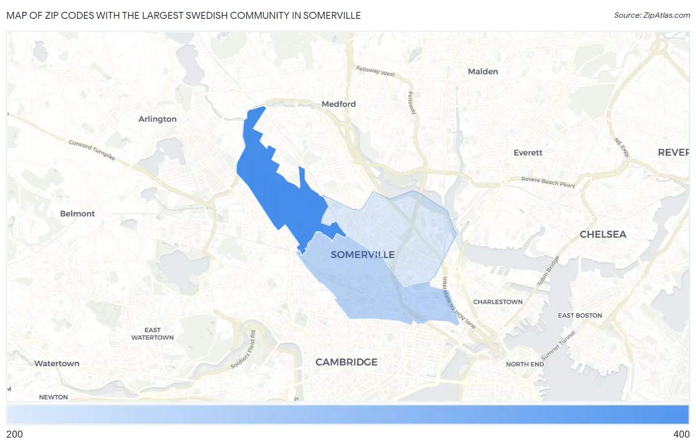 Zip Codes with the Largest Swedish Community in Somerville Map