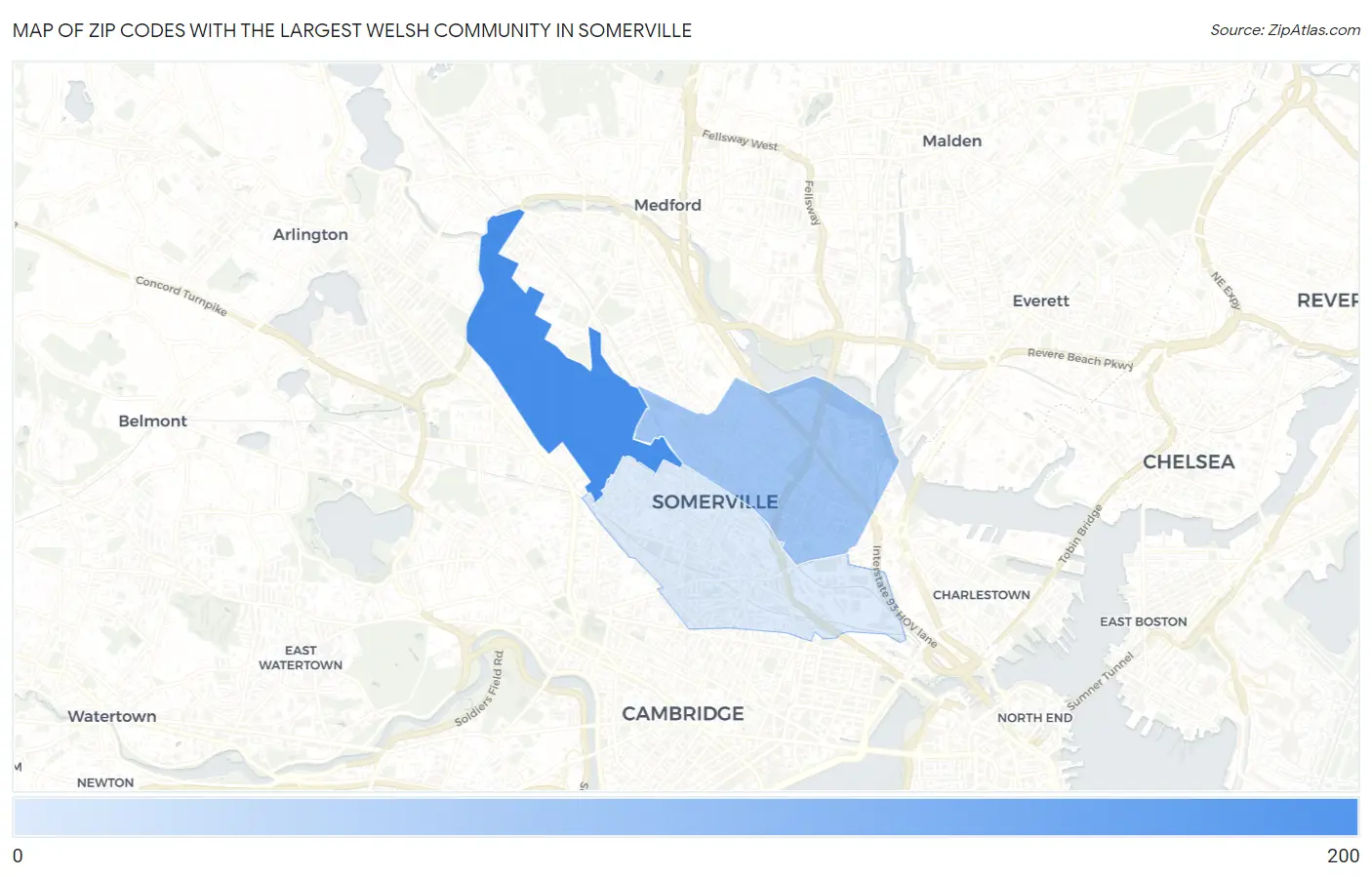 Zip Codes with the Largest Welsh Community in Somerville Map