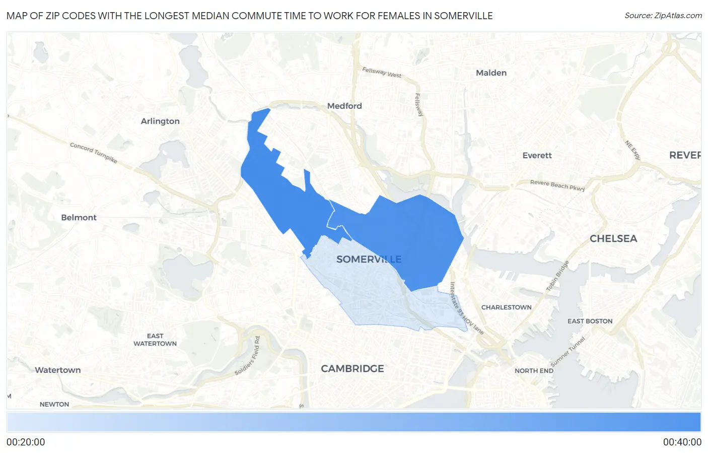 Zip Codes with the Longest Median Commute Time to Work for Females in Somerville Map