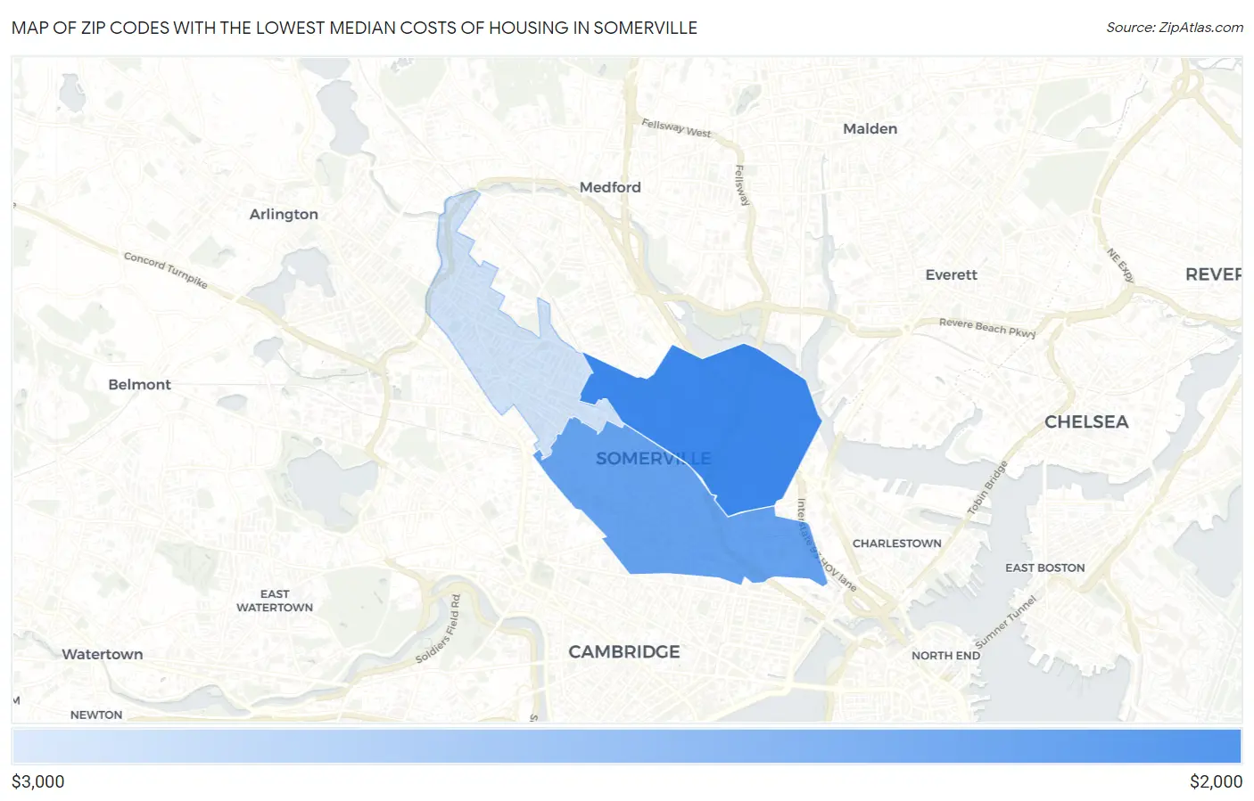 Zip Codes with the Lowest Median Costs of Housing in Somerville Map