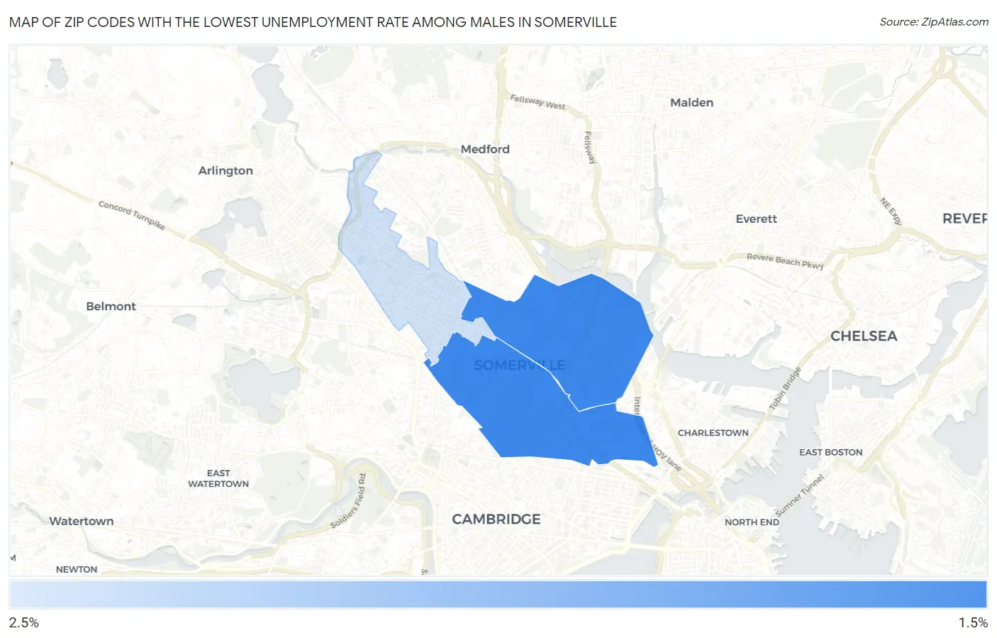 Zip Codes with the Lowest Unemployment Rate Among Males in Somerville Map
