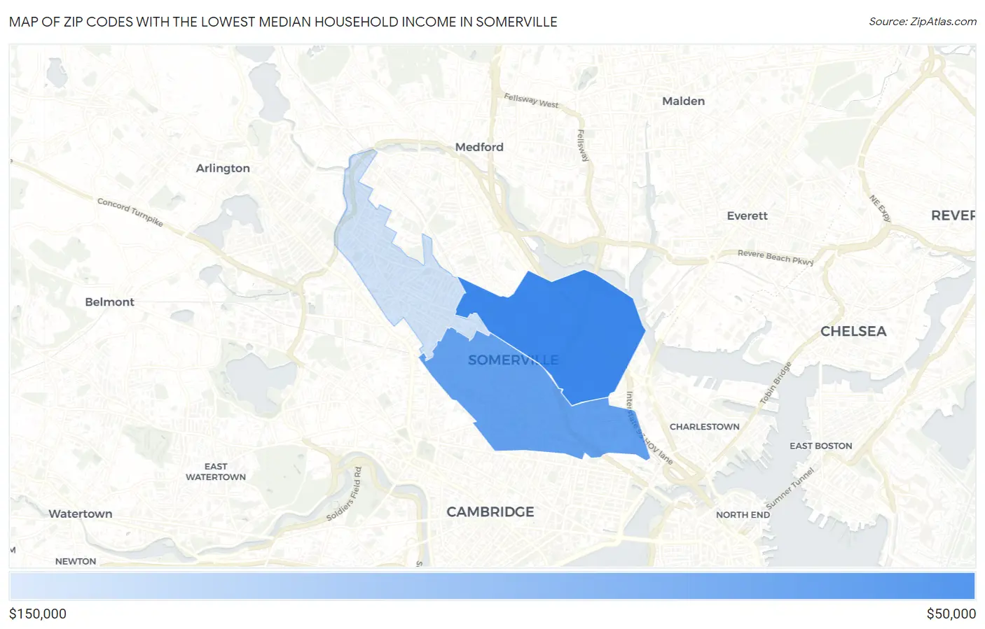 Zip Codes with the Lowest Median Household Income in Somerville Map
