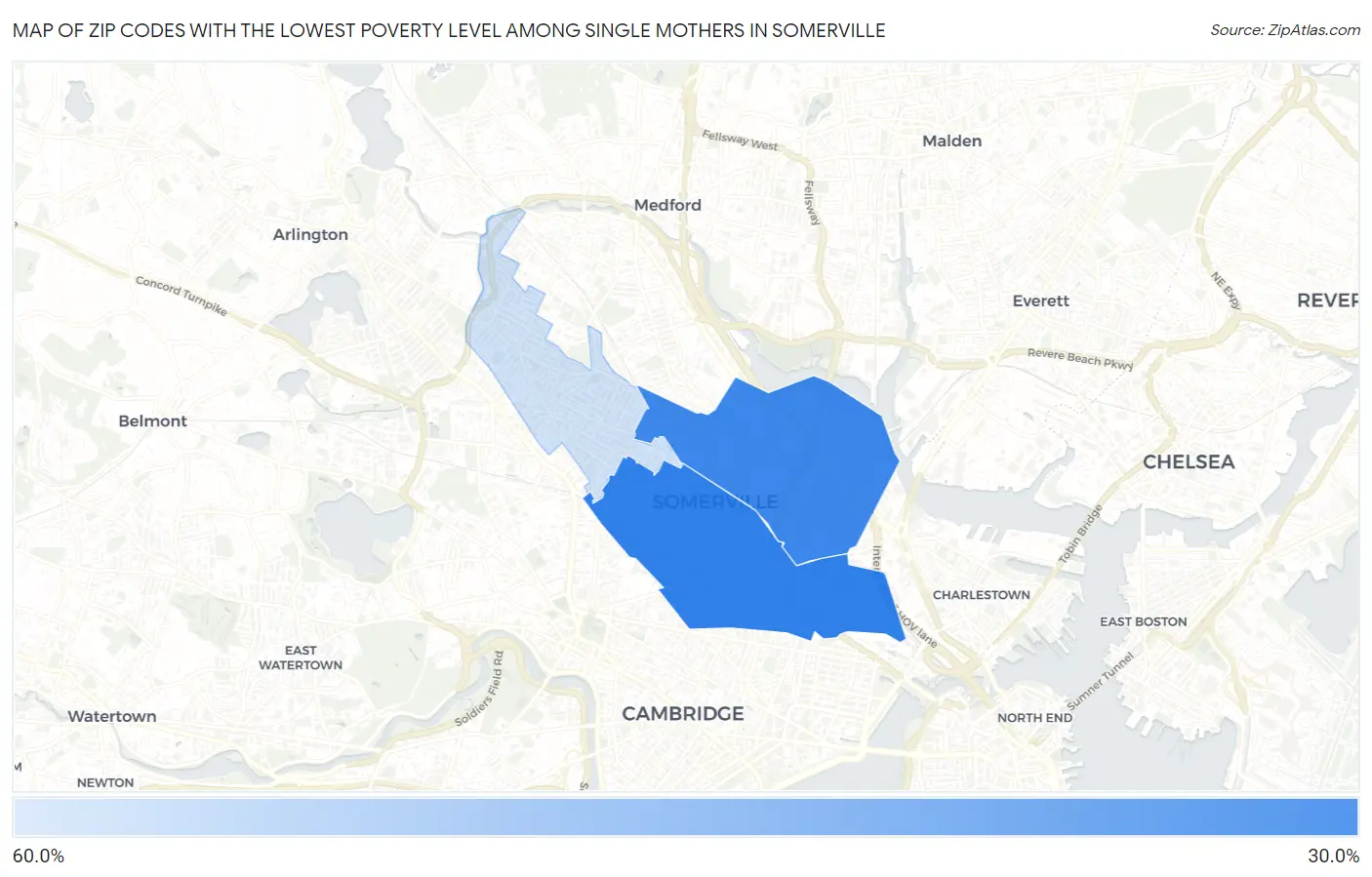 Zip Codes with the Lowest Poverty Level Among Single Mothers in Somerville Map
