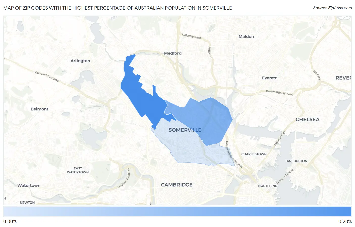 Zip Codes with the Highest Percentage of Australian Population in Somerville Map