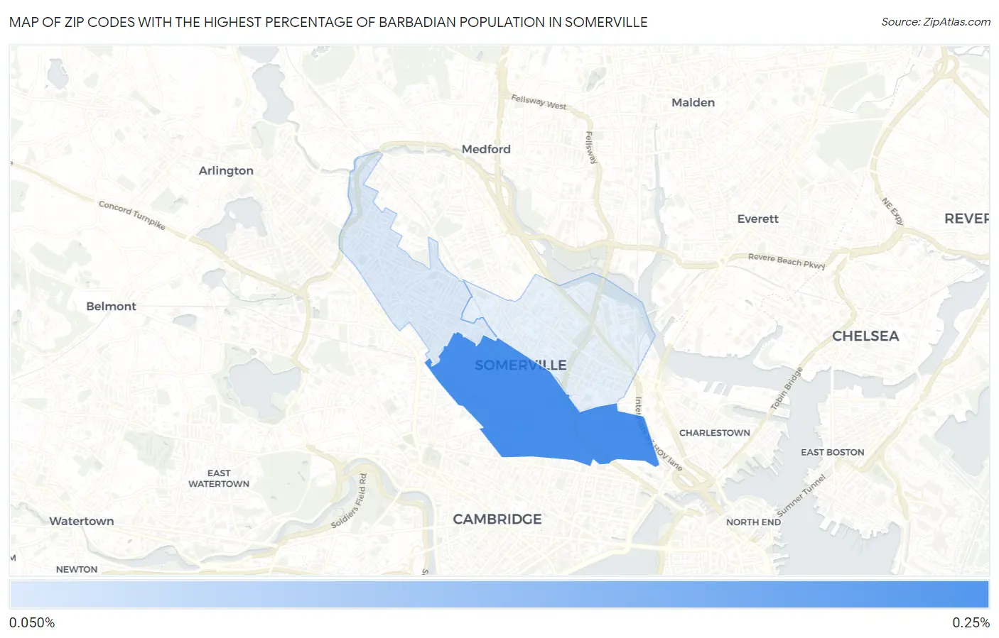 Zip Codes with the Highest Percentage of Barbadian Population in Somerville Map