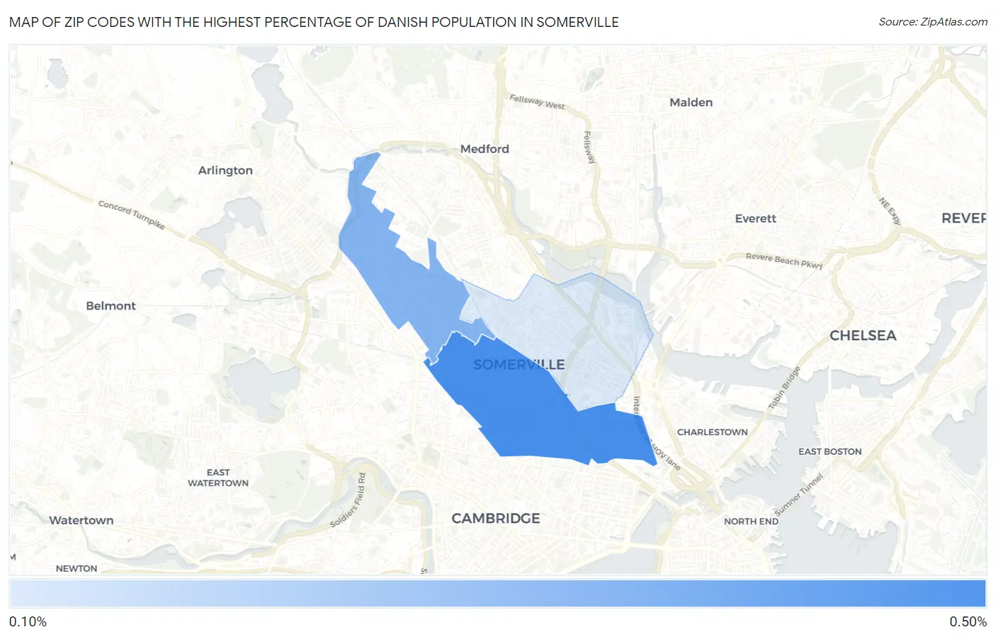 Zip Codes with the Highest Percentage of Danish Population in Somerville Map