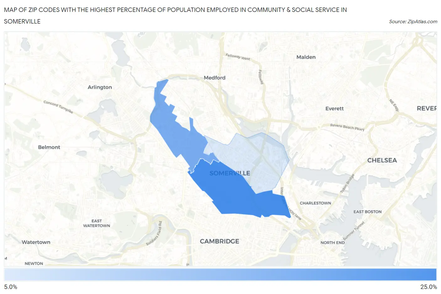 Zip Codes with the Highest Percentage of Population Employed in Community & Social Service  in Somerville Map