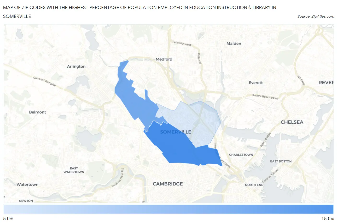 Zip Codes with the Highest Percentage of Population Employed in Education Instruction & Library in Somerville Map