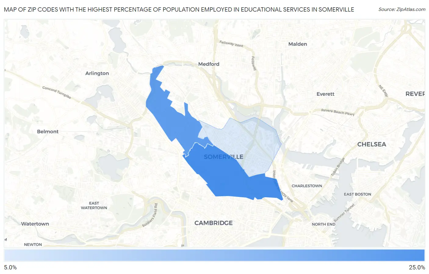 Zip Codes with the Highest Percentage of Population Employed in Educational Services in Somerville Map