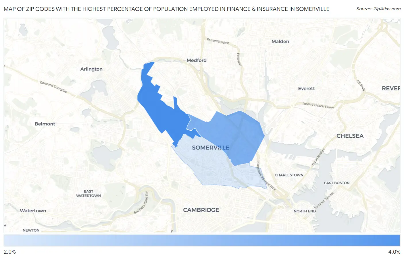 Zip Codes with the Highest Percentage of Population Employed in Finance & Insurance in Somerville Map