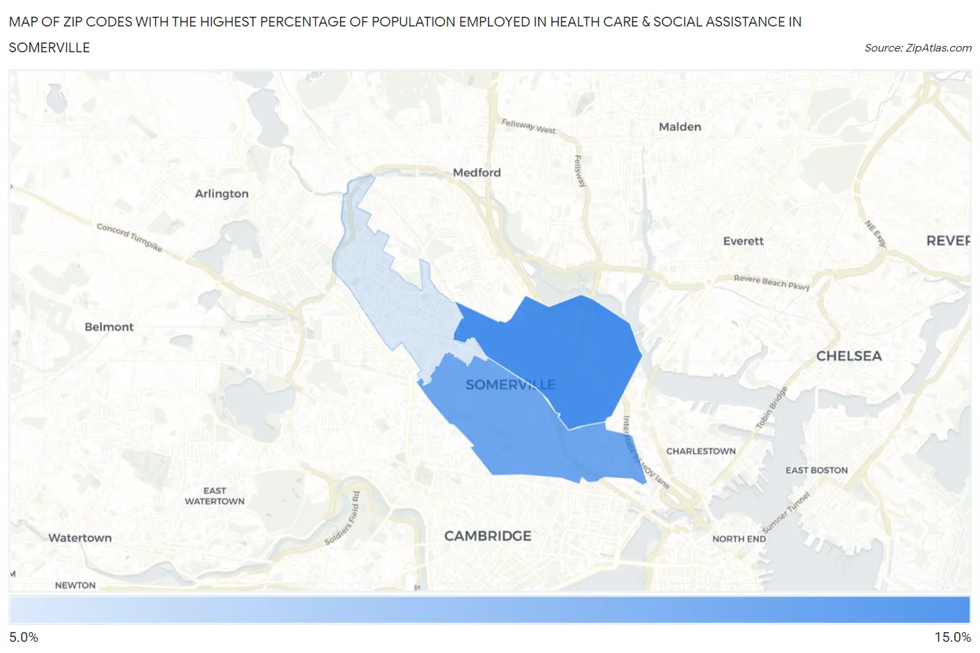 Zip Codes with the Highest Percentage of Population Employed in Health Care & Social Assistance in Somerville Map