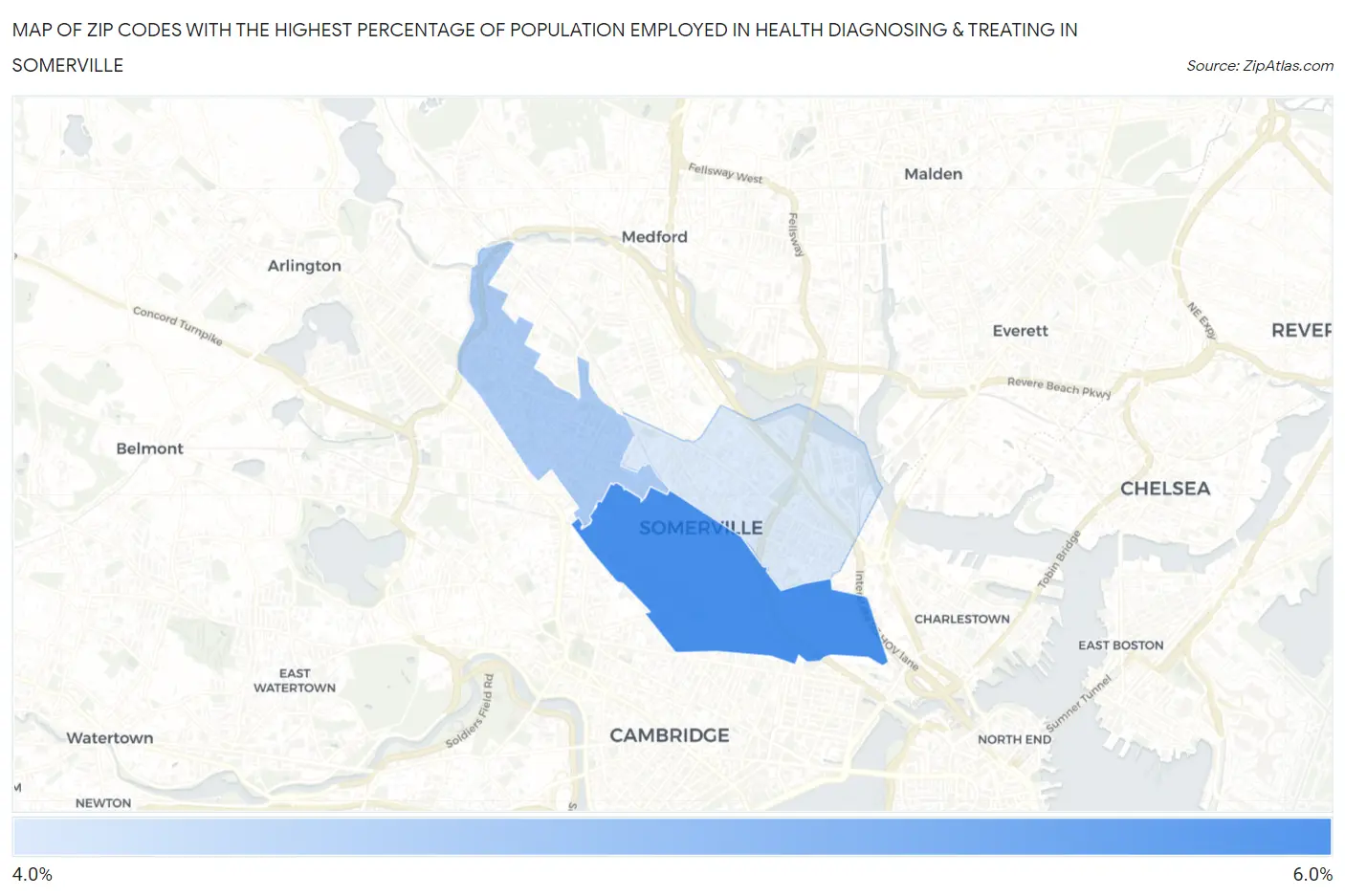 Zip Codes with the Highest Percentage of Population Employed in Health Diagnosing & Treating in Somerville Map