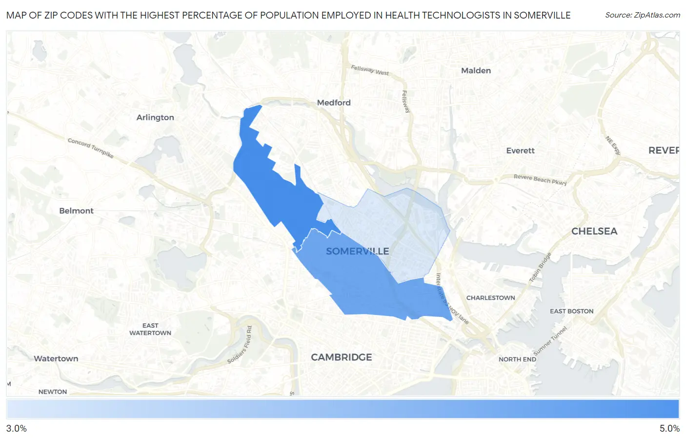 Zip Codes with the Highest Percentage of Population Employed in Health Technologists in Somerville Map