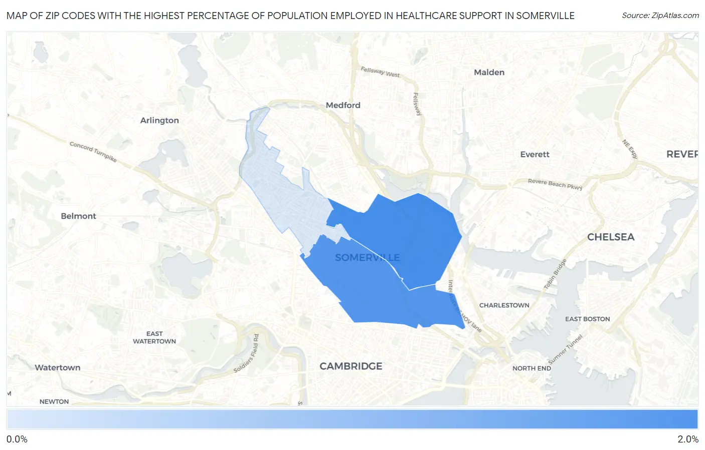 Zip Codes with the Highest Percentage of Population Employed in Healthcare Support in Somerville Map