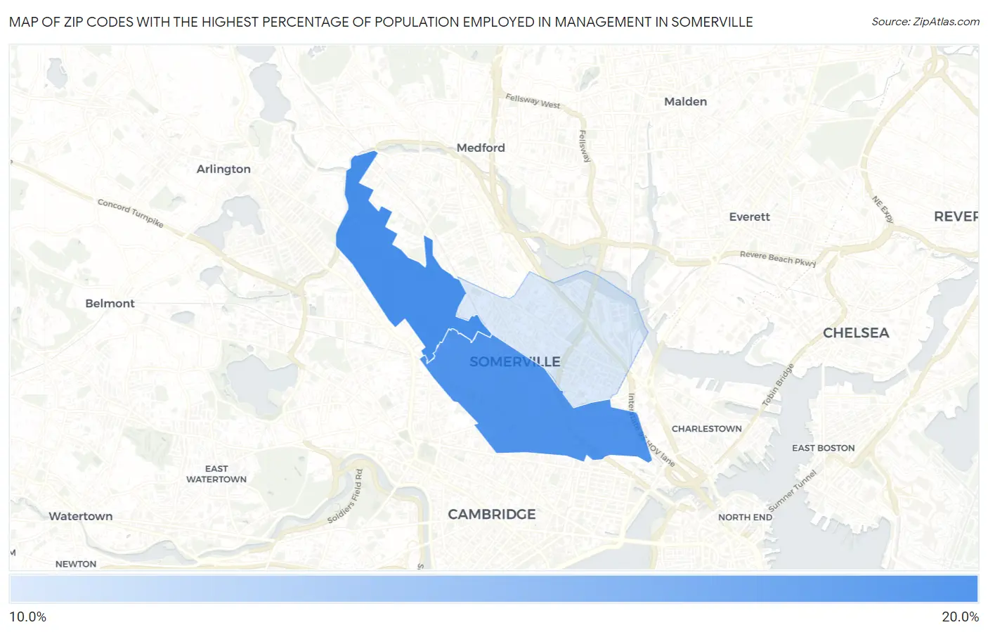 Zip Codes with the Highest Percentage of Population Employed in Management in Somerville Map