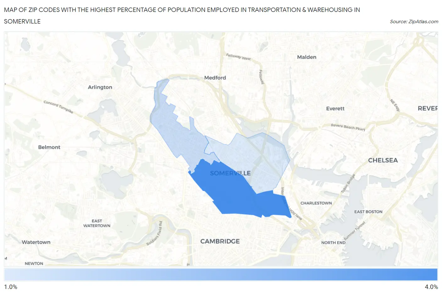 Zip Codes with the Highest Percentage of Population Employed in Transportation & Warehousing in Somerville Map