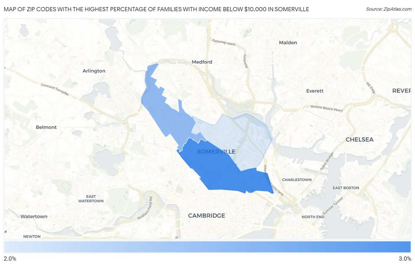 Zip Codes with the Highest Percentage of Families with Income Below $10,000 in Somerville Map