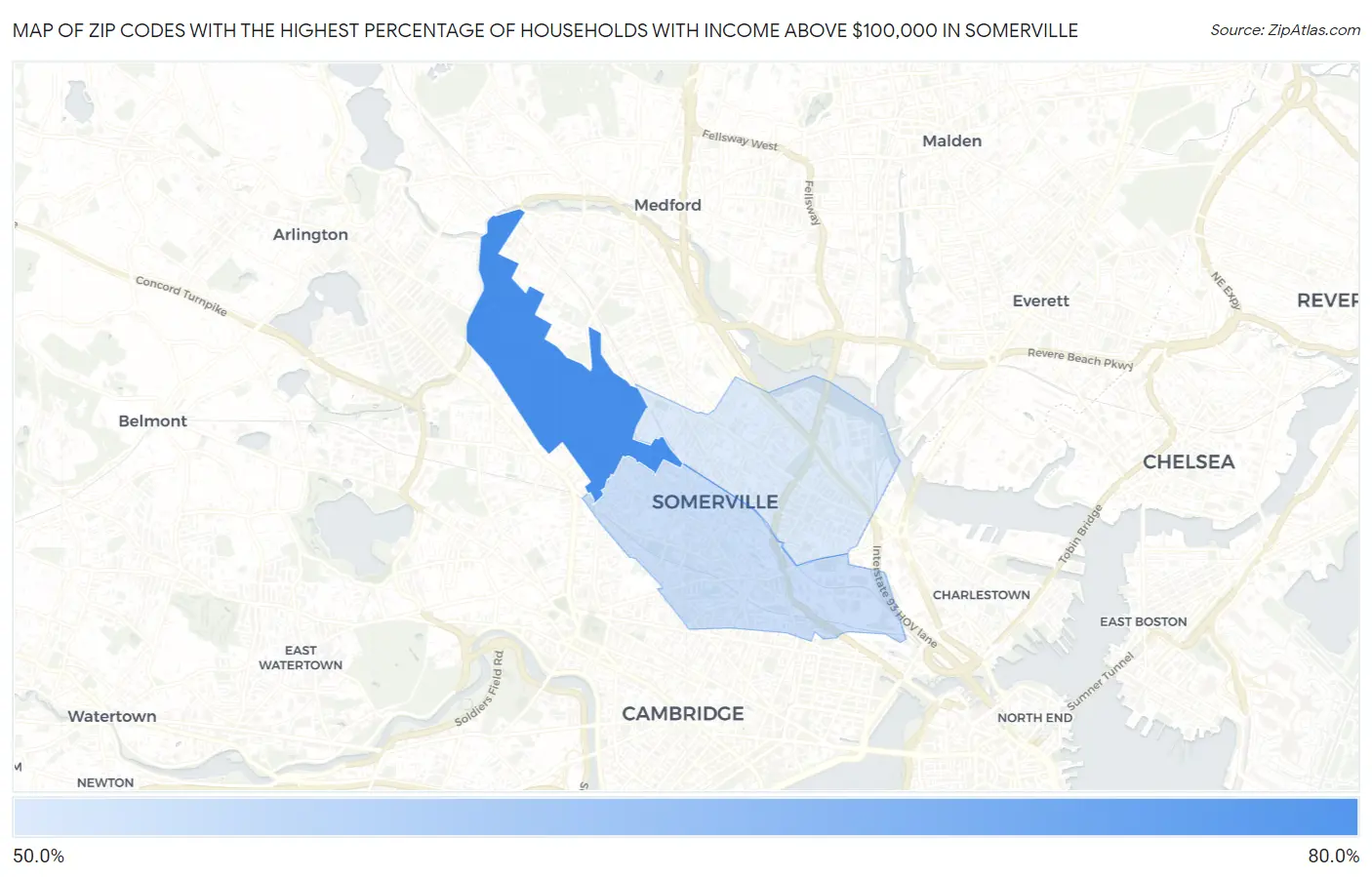 Zip Codes with the Highest Percentage of Households with Income Above $100,000 in Somerville Map