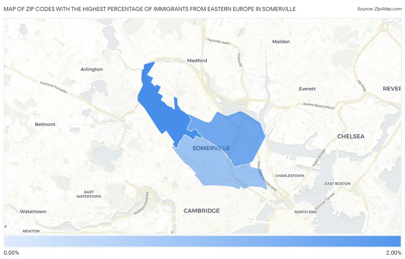 Zip Codes with the Highest Percentage of Immigrants from Eastern Europe in Somerville Map