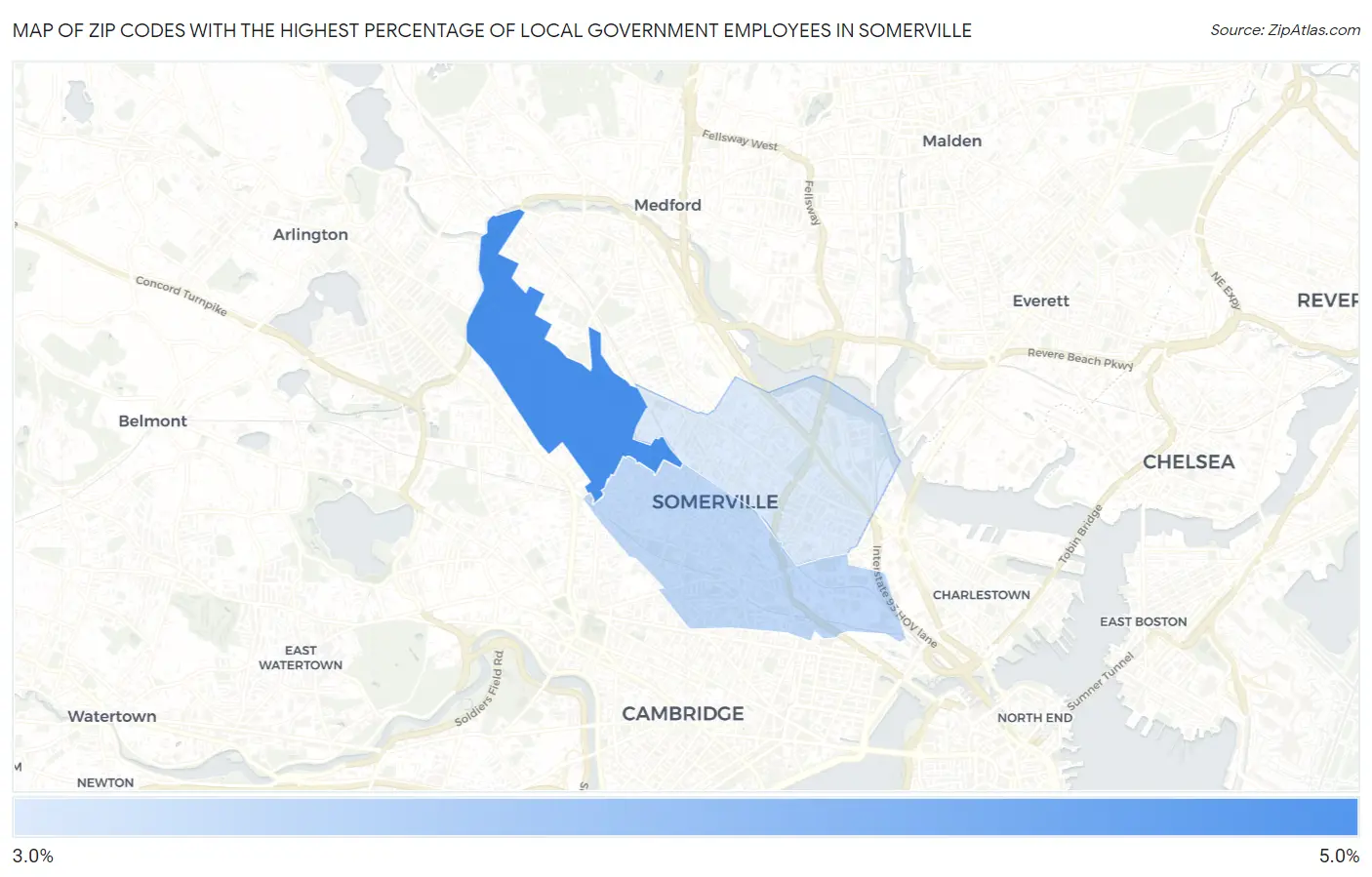 Zip Codes with the Highest Percentage of Local Government Employees in Somerville Map