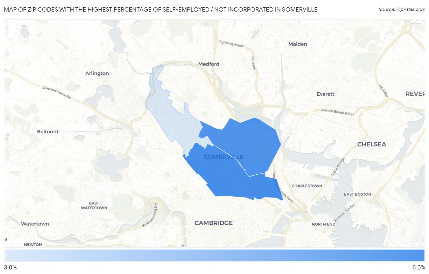 Zip Codes with the Highest Percentage of Self-Employed / Not Incorporated in Somerville Map