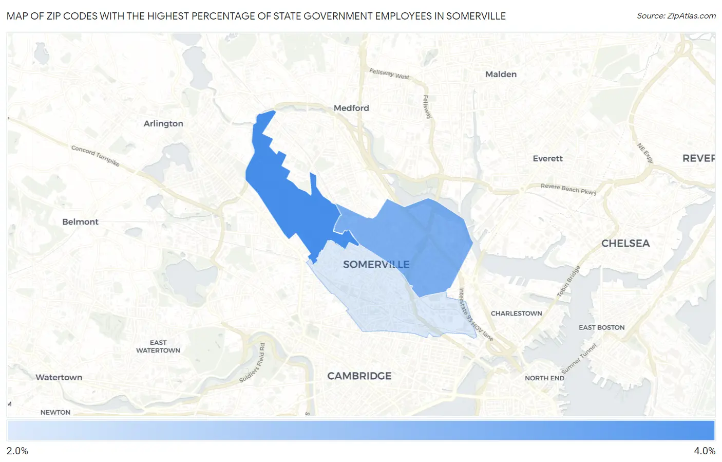 Zip Codes with the Highest Percentage of State Government Employees in Somerville Map