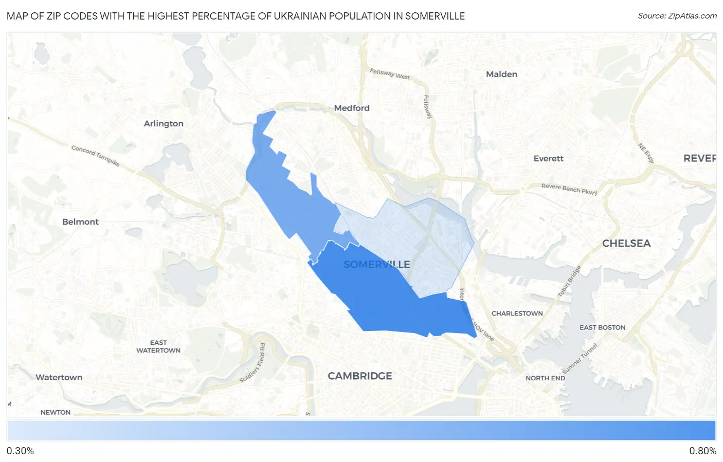 Zip Codes with the Highest Percentage of Ukrainian Population in Somerville Map