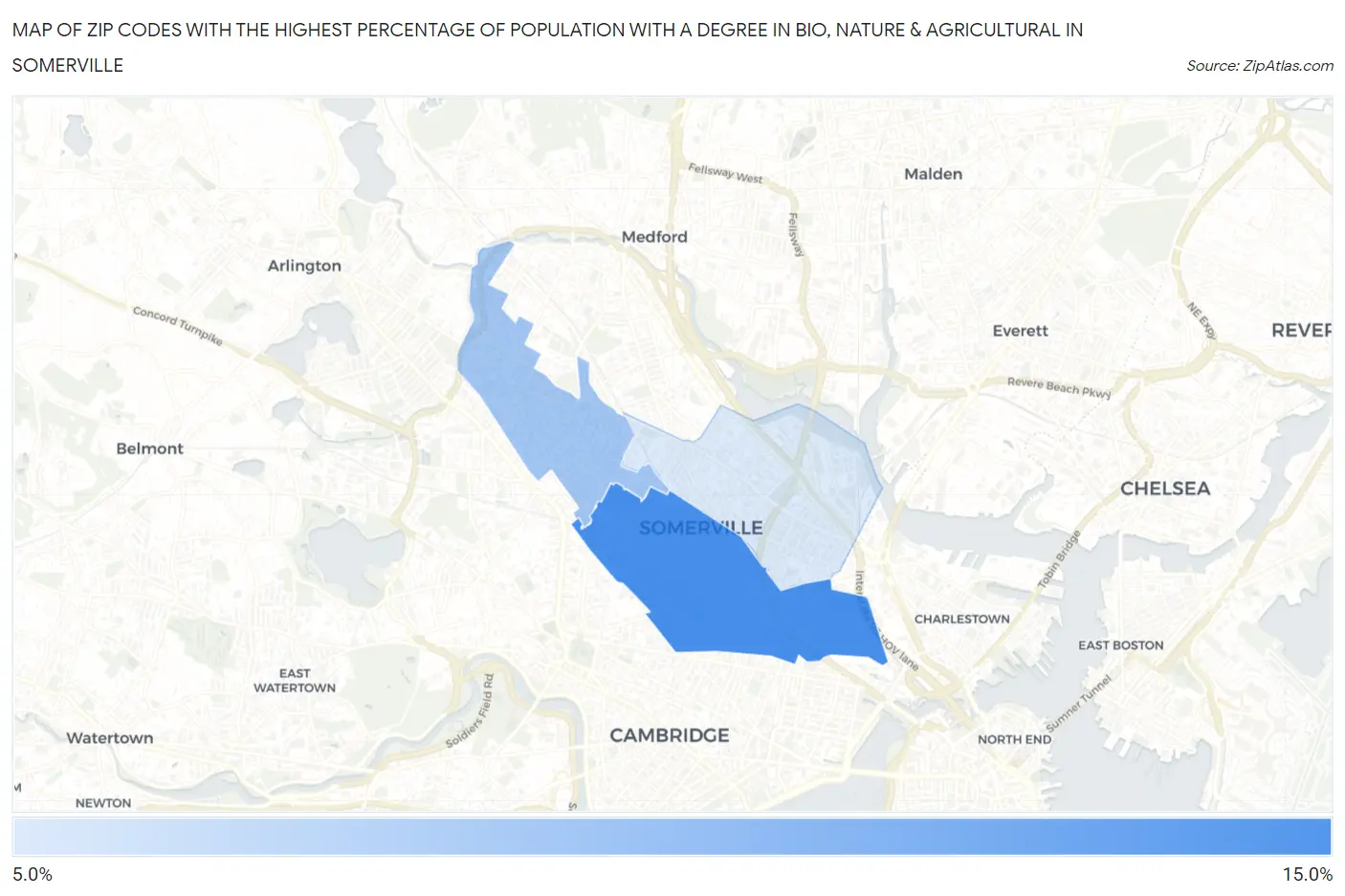 Zip Codes with the Highest Percentage of Population with a Degree in Bio, Nature & Agricultural in Somerville Map